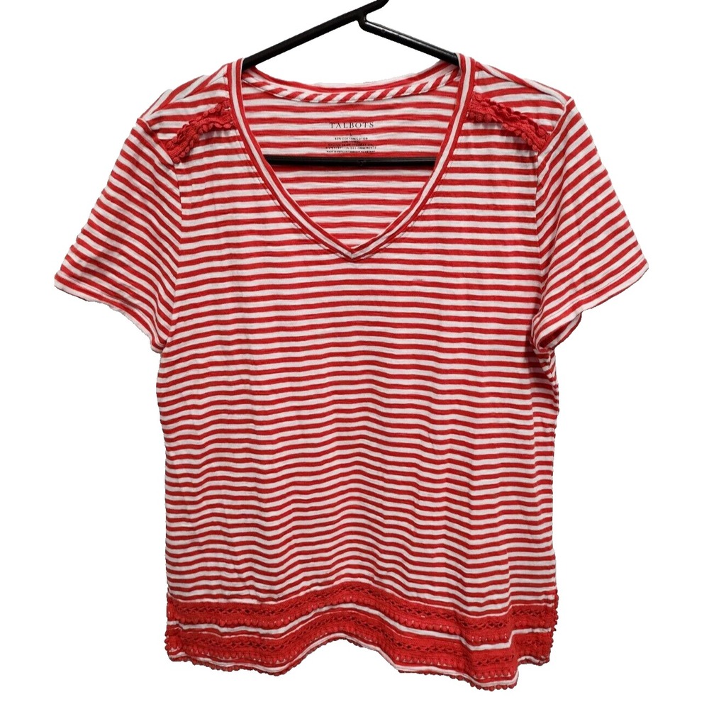 Talbots Striped Crochet Top Womens Large White Red V-Neck Short Sleeve Casual
